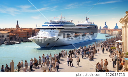 AI-generated content. Tourists are loading their luggage on a cruise ship. Neural network AI generated art 112038713