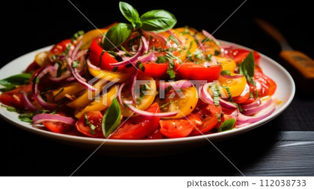 AI-generated content. Plate with tomatoes, onions and basil. Neural network AI generated art AI-generated content. Plate with tomatoes, onions and basil. Neural network AI generated art 112038733