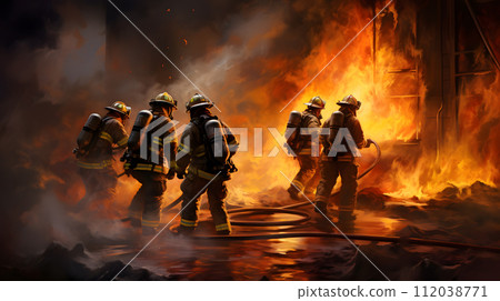 AI-generated content. Firefighters extinguish a fire. Neural network AI generated art 112038771