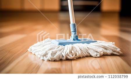 AI-generated content. Mop on light tile floor, closeup. Neural network AI generated art 112038799