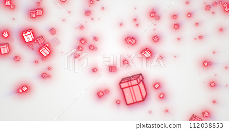 Christmas festive bright New Year background from red gift boxes glowing winter beautiful falling flying pattern on white background 112038853