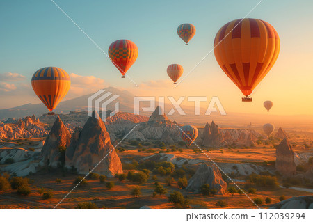 Colorful hot air balloons flying over rocky landscape against clear sky 112039294