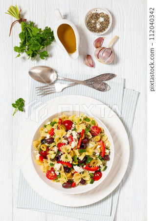 Farfalle salad, Bow Tie Pasta salad, top view 112040342