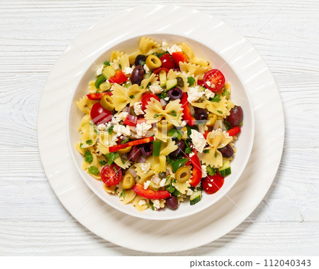 Farfalle salad, Bow Tie Pasta salad, top view 112040343