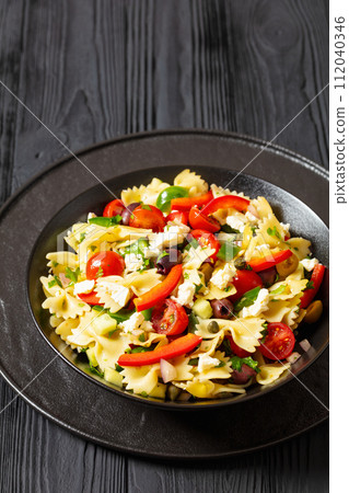 Farfalle salad, Bow Tie Pasta salad, top view Farfalle salad, Bow Tie Pasta salad, top view 112040346