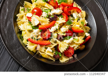Farfalle salad, Bow Tie Pasta salad, top view 112040347