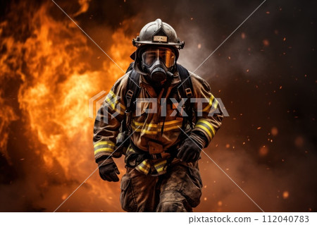 firefighter using water and extinguisher to fighting with fire flame in an emergency, Generative AI 112040783
