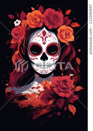 Dia de los muertos, Mexican holiday of the dead .Woman with sugar skull make up and flowers. Generative AI 112040897