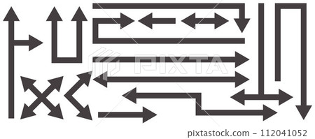 Straight long arrows. Horizontal black bold lines. Transport pointing element. Rectangular basic pin. Vector set 112041052