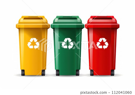 Recycling bins in yellow, green, and blue with recycling symbols on a white background. Generative AI 112041060