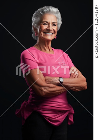 Confident elder woman with muscular body fitness . AI Generated 112041297