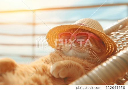 AI generated Funny cat in sunglasses and beach hat relaxing sitting on deckchair having a rest on vacation trip. AI generated Funny cat in sunglasses and beach hat relaxing sitting on deckchair having a rest on vacation trip. 112041658