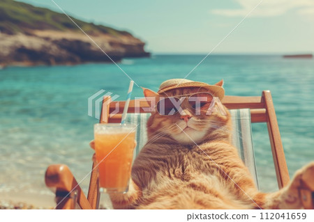 AI generated Funny cat wearing sunglasses and beach hat relaxing sitting on deckchair with orange juicy cocktail 112041659
