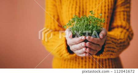 AI generated Close up of female hands holding green small microgreens sprout seedlings on beige background AI generated Close up of female hands holding green small microgreens sprout seedlings on beige background 112041672