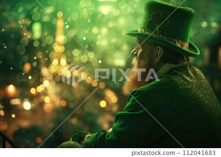 AI generated Portrait of a man with redhead beard in green Leprechaun hat standing outdoors in forest 112041683