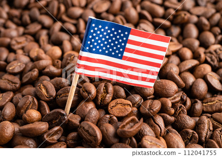 USA America flag on coffee bean, import export trade online commerce. USA America flag on coffee bean, import export trade online commerce. 112041755