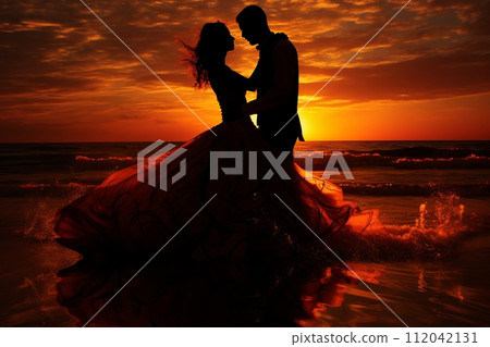 enchanting silhouette of couple dancing gracefully at mesmerizing sunset scene enchanting silhouette of couple dancing gracefully at mesmerizing sunset scene 112042131