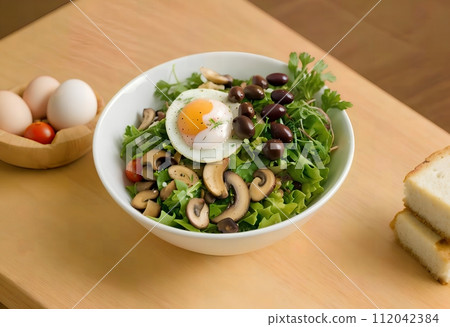 spring salad with lettuce, mushrooms, egg, cheese, herbs and other vegetables in a bowl. 112042384