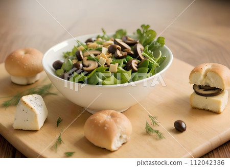 spring salad with lettuce, mushrooms, cheese, herbs and other vegetables in a bowl. 112042386