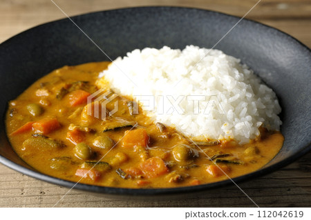 Curry rice with plenty of vegetables such as pork, pumpkin, and carrots. Curry rice with plenty of vegetables such as pork, pumpkin, and carrots. 112042619