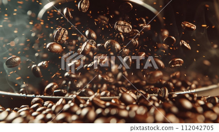 AI-generated content. Close-up of roasted coffee beans tumbling from a roaster with sparks 112042705