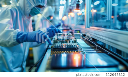 AI-generated content. Technicians in clean suits working on electronics on a production line in a high-tech manufacturing plant 112042812