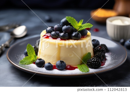 Appetizing Panna Cotta with Fresh Blueberries, Perfect Dessert for Restaurant Menu with Copy Space 112042813