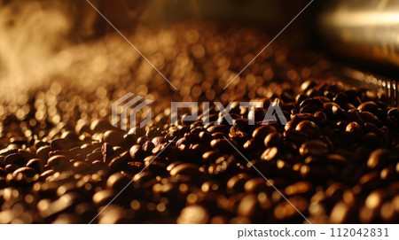AI-generated content. Fresh roasted coffee beans glistening in warm light AI-generated content. Fresh roasted coffee beans glistening in warm light 112042831