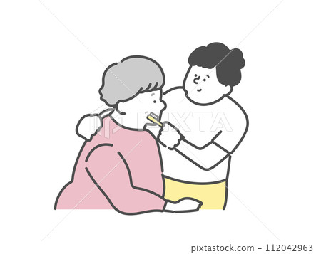 Female caregiver providing oral care for an elderly woman, toothbrushing illustration 112042963