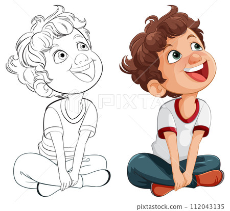 Cheerful Boy Sitting and Smiling Illustration Cheerful Boy Sitting and Smiling Illustration 112043135