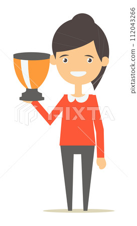 Young cartoon woman holding trophy happy expression. Female character celebrating victory success. Award achievement vector illustration 112043266