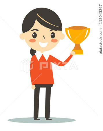 Young cartoon girl black hair holding golden trophy, smiling proudly. Concept success achievement vector illustration 112043267