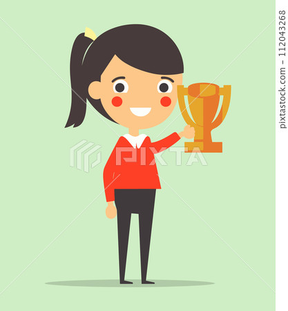 Young cartoon girl holding trophy, happy female character winning award. Celebration success victory concept vector illustration 112043268