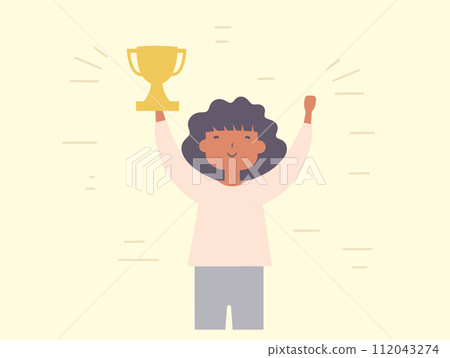 Woman holding trophy aloft joyfully pride. Celebrating victory winning moment. Success achievement concept vector illustration Woman holding trophy aloft joyfully pride. Celebrating victory winning moment. Success achievement concept vector illustration 112043274