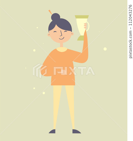 Asian woman holding trophy smiling satisfaction. Proud female winner celebrating success. Achievement celebration concept vector illustration Asian woman holding trophy smiling satisfaction. Proud female winner celebrating success. Achievement celebration concept vector illustration 112043276