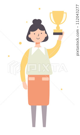 Happy woman holding trophy aloft, celebrating success, winner concept, contemporary style. Achievement competition theme vector illustration Happy woman holding trophy aloft, celebrating success, winner concept, contemporary style. Achievement competition theme vector illustration 112043277