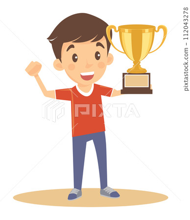 Young boy holding golden trophy happy expression, celebrating win. Smiling child award showcases success achievement vector illustration Young boy holding golden trophy happy expression, celebrating win. Smiling child award showcases success achievement vector illustration 112043278