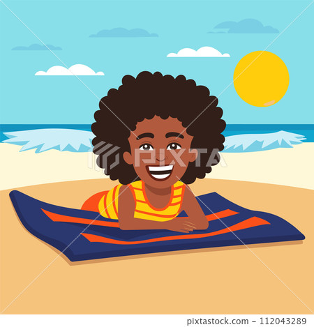Happy AfricanAmerican girl lying beach towel, sunny beach day, smiling child, summer vacation vector illustration. Joyful kid enjoying seaside, holiday theme, cute youth beachwear vector Happy AfricanAmerican girl lying beach towel, sunny beach day, smiling child, summer vacation vector illustration. Joyful kid enjoying seaside, holiday theme, cute youth beachwear vector 112043289