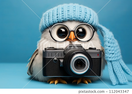 Funny cute cartoon bird with a hat and a camera 112043347
