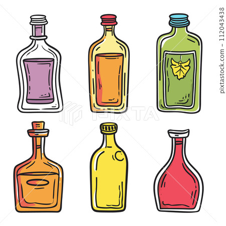 Handdrawn assorted bottles bright colors. Various alcohol bottle types caps labels. Beverage collection, home bar essentials vector illustration 112043438