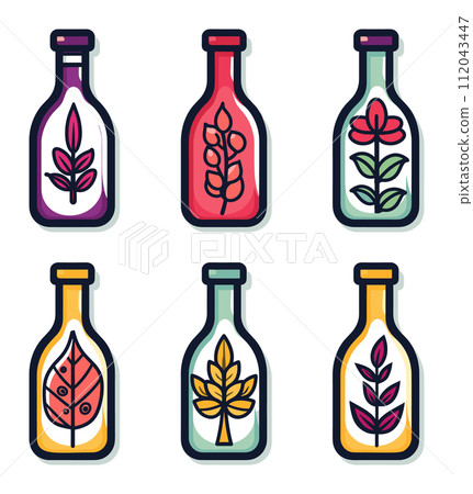 Six colorful bottles stylized plant leaves inside, essential oils concept. Organic ingredients vector illustration 112043447
