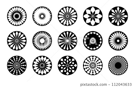 Set of Abstract Flowers Icons. Circle Radial Design Elements. Vector Art. 112043633