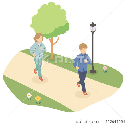 Isometric illustration of middle-aged and elderly people exercising in the park 112043664