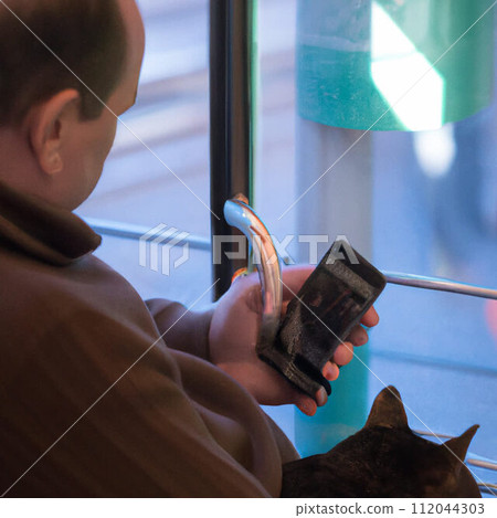 AI-generated content. A man with a cat and smartphone in public transport. High quality photo 112044303