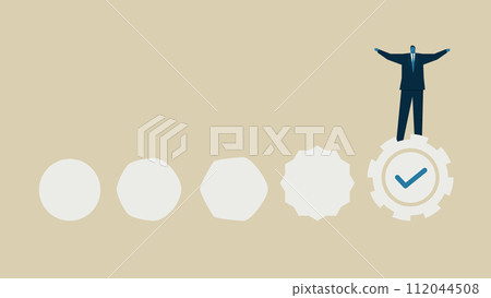 A man who has successfully made a change. The circle changes and becomes a gear. A man who has successfully made a change. The circle changes and becomes a gear. 112044508