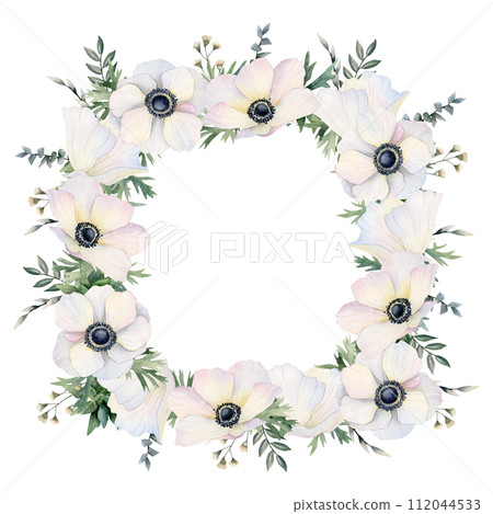 White anemones field flowers square frame watercolor isolated illustration. Wildflowers poppies template for greeting cards, labels, spring wedding invitations or mothers day 112044533