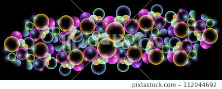 Abstract dynamic background with 3D colorful circles. Black wide banner with liquid colored bubble shapes. Abstract dynamic background with 3D colorful circles. Black wide banner with liquid colored bubble shapes. 112044692
