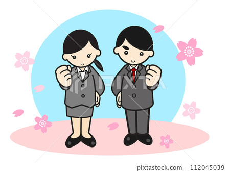 Men and women in suits doing a fist pump in the cherry blossoms Men and women in suits doing a fist pump in the cherry blossoms 112045039