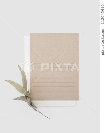Card mockup craft paper with eucalyptus leaves branch with envelope. Flat lay, top view Card mockup craft paper with eucalyptus leaves branch with envelope. Flat lay, top view 112045456
