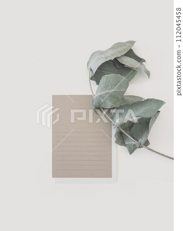 Card mockup craft paper with eucalyptus leaves branch with envelope. Flat lay, top view 112045458